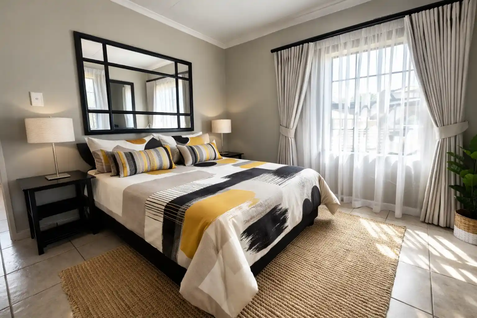Main bedroom with large window and built-in styling